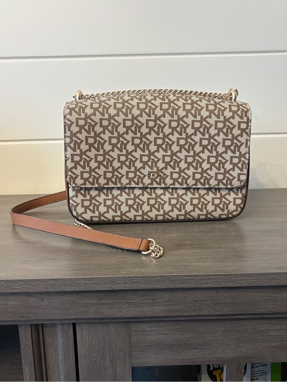 Designer Monogram DKNY Crossbody Bag in Brown and Cream